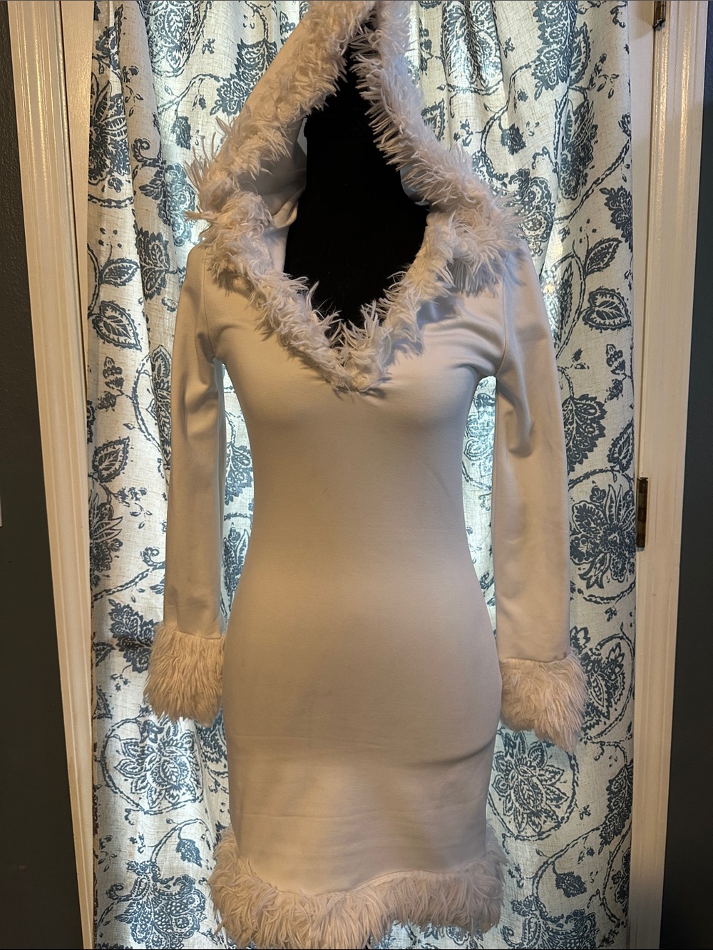 Faux-Fur Trim Hooded Bodycon Dress in Cream